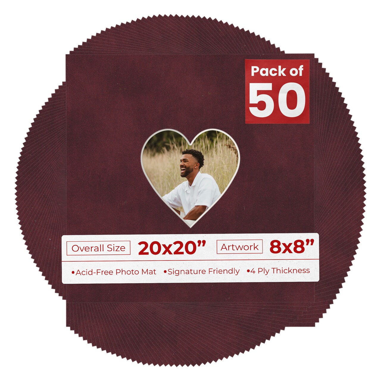 Dark Red Suede Mat Board for 20x20 Frames - Heart Opening for 8x8 Photos
